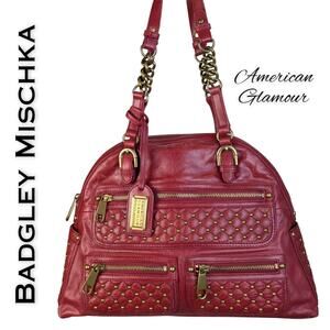 Badgley Mischka Leather Shoulder Bag Red American Glamour Studded Organizer